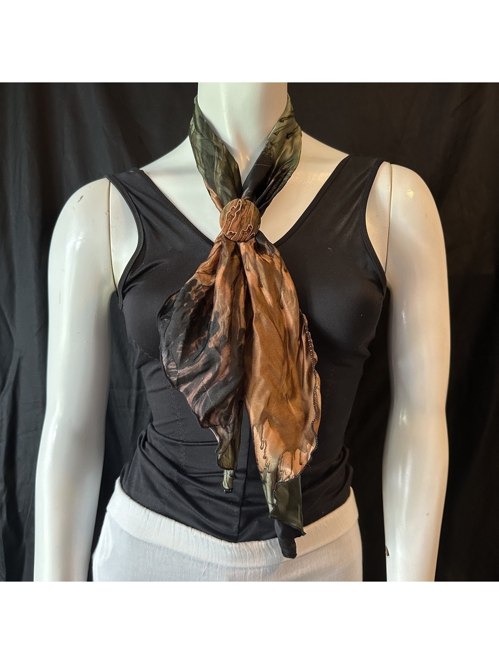 Vintage Silk Scarf with Matching Decorative Fabric Button Scarf Clip